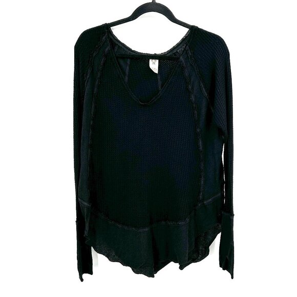 FREE PEOPLE We The Free Black Waffle Knit Oversized Boho Thermal Shirt Medium - Picture 2 of 7